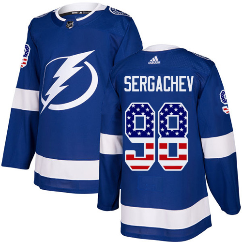 Adidas Lightning #98 Mikhail Sergachev Blue Home Authentic USA Flag Stitched Youth NHL Jersey
